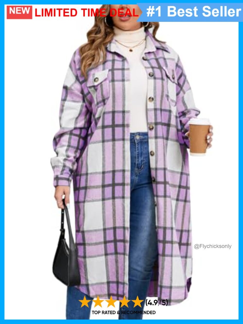 Plus Size Long Flannel Plaid Shacket Jacket Button Down Coat with Pockets